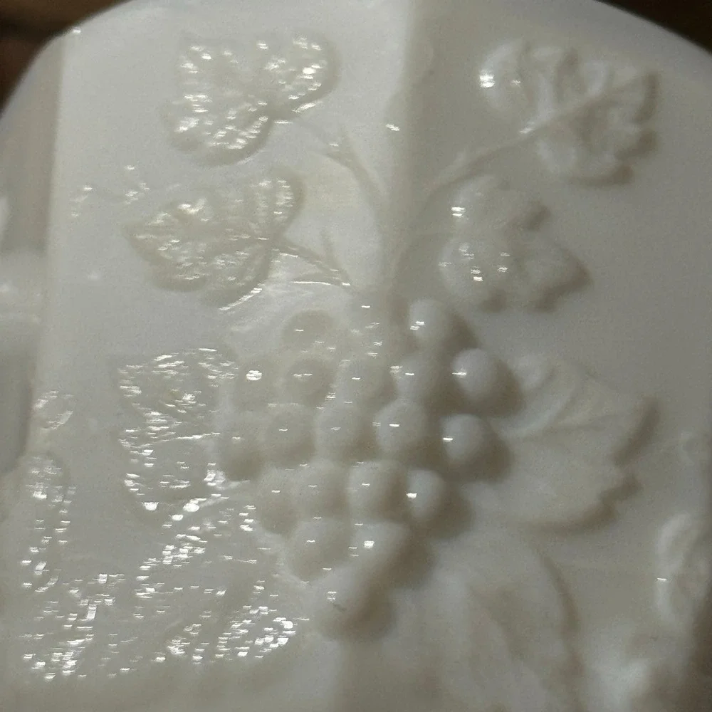 Vintage Milk Glass Sugar‎ Bowl Creamer Embossed Grapes Leaves Footed Two Handles